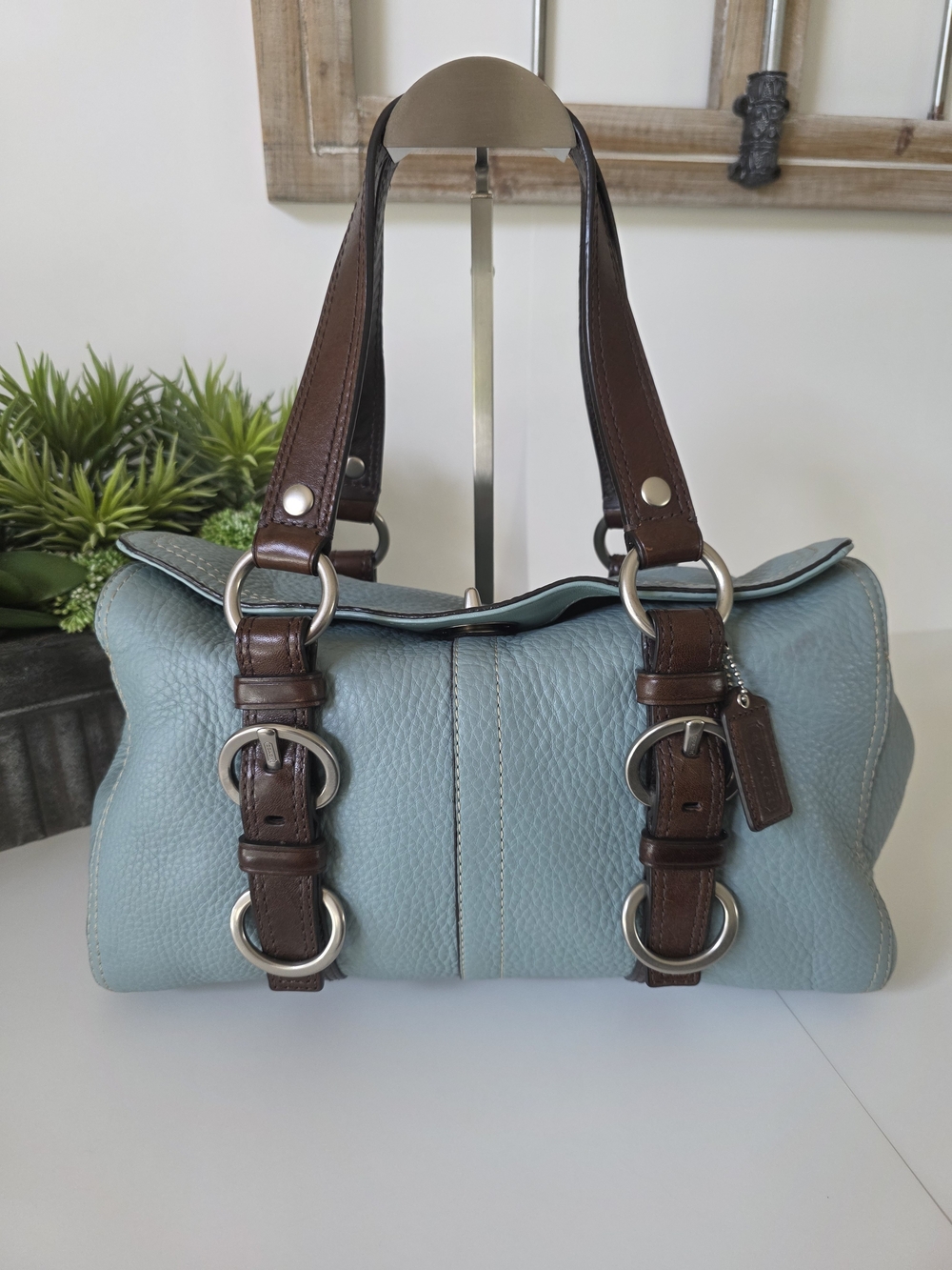 Coach Chelsea Powder Blue Leather Barrel Satchel Shoulder Bag Brown Trim